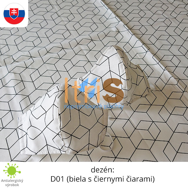 Ochranné bavlnené dvojvrstvové rúško - D01 (biela s čiernymi čiarami) Ochranné bavlnené dvojvrstvové rúško - D01 (biela s čiernymi čiarami)