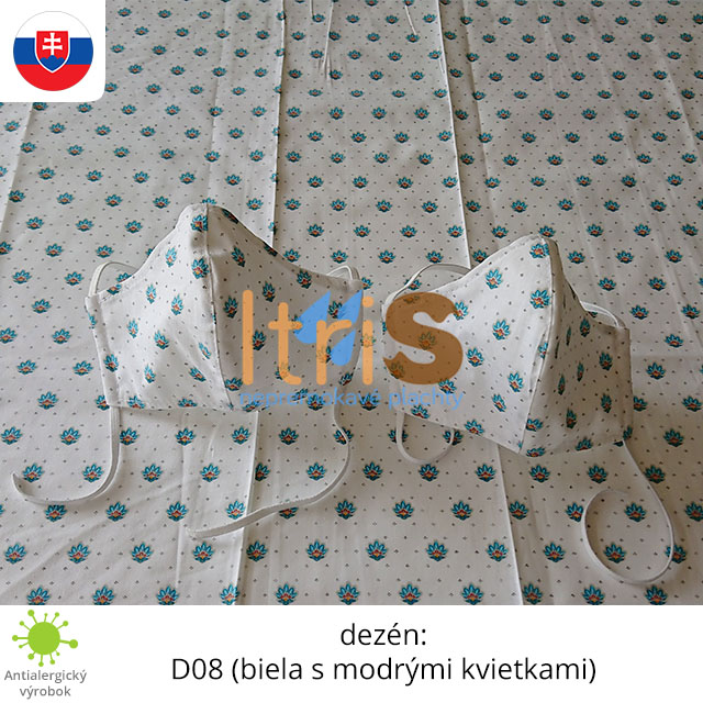 Ochranné bavlnené dvojvrstvové rúško - D08 (biela s modrými kvietkami) Ochranné bavlnené dvojvrstvové rúško - D08 (biela s modrými kvietkami)